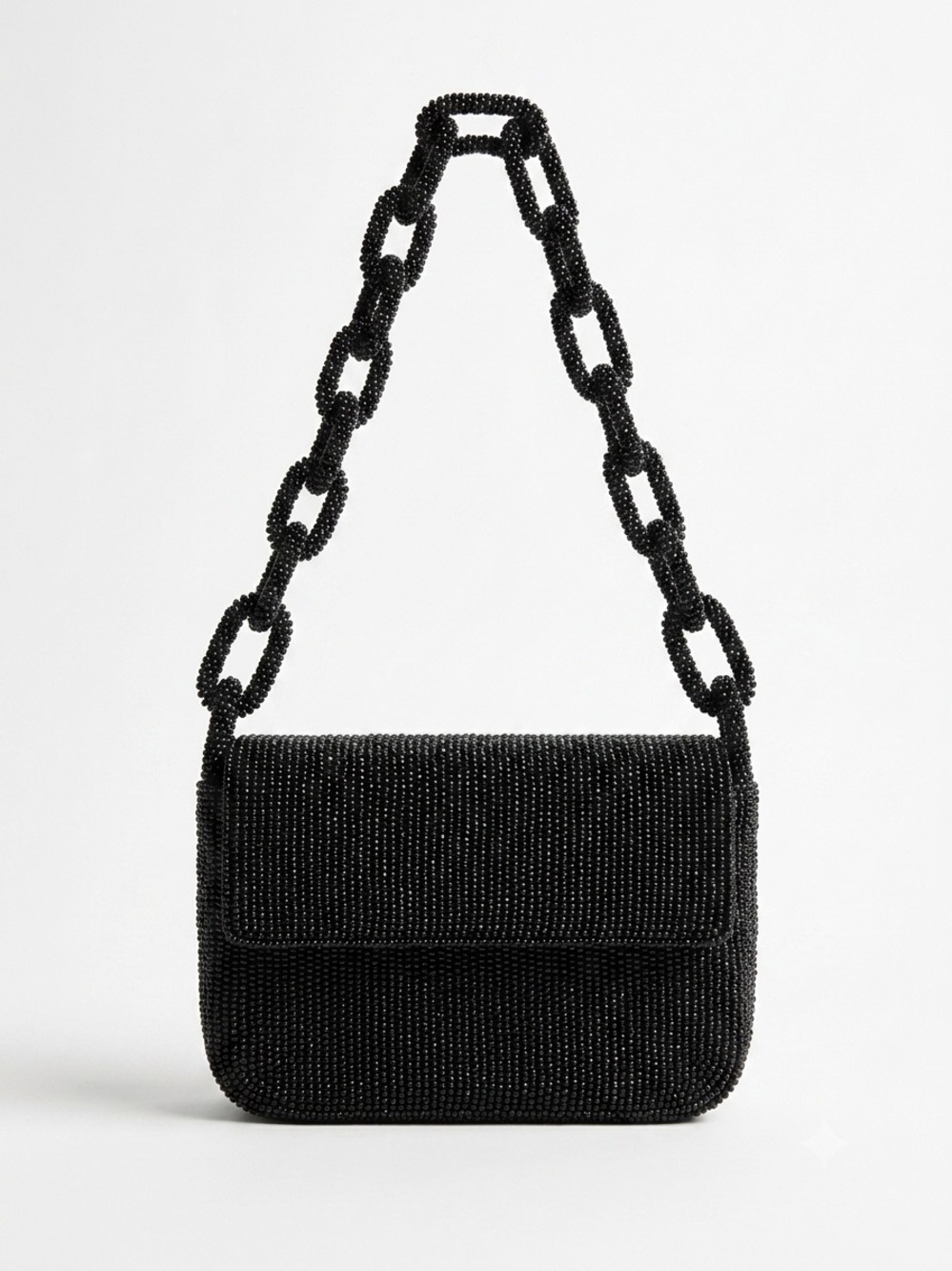 Black Beaded Shoulder Bag Chain Link Strap Flap Purse Minimalist Summer Event